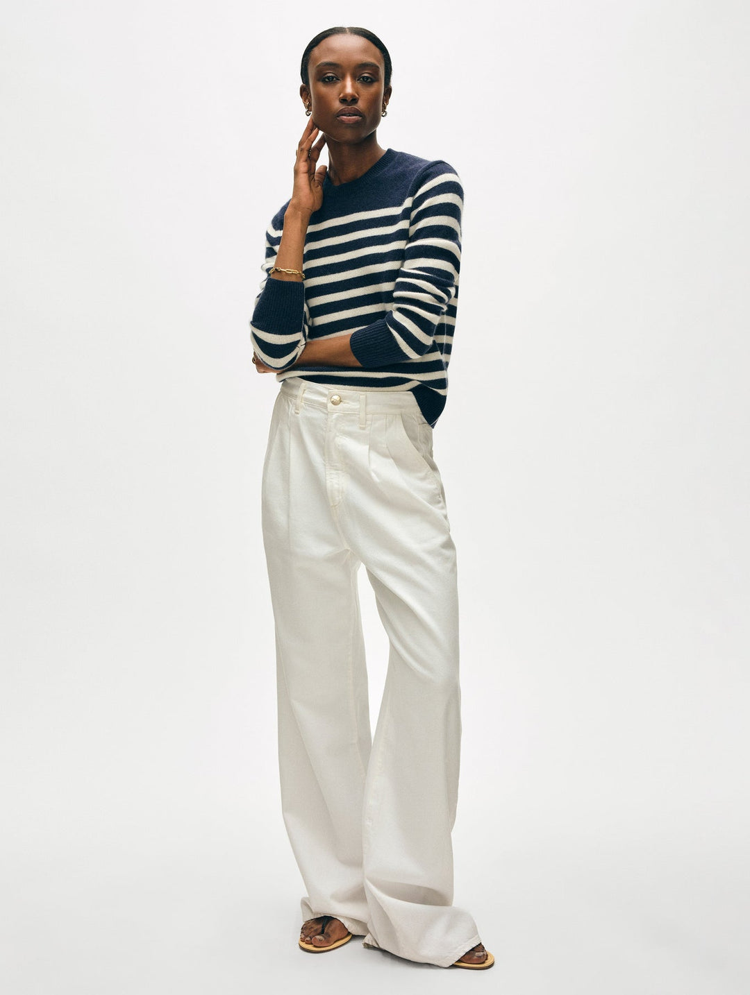 Cashmere Striped Crew Neck - Deep Navy / Soft White