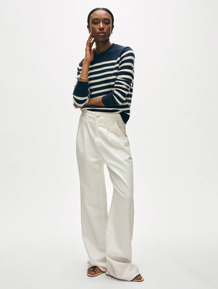 Cashmere Striped Crew Neck - Deep Navy / Soft White