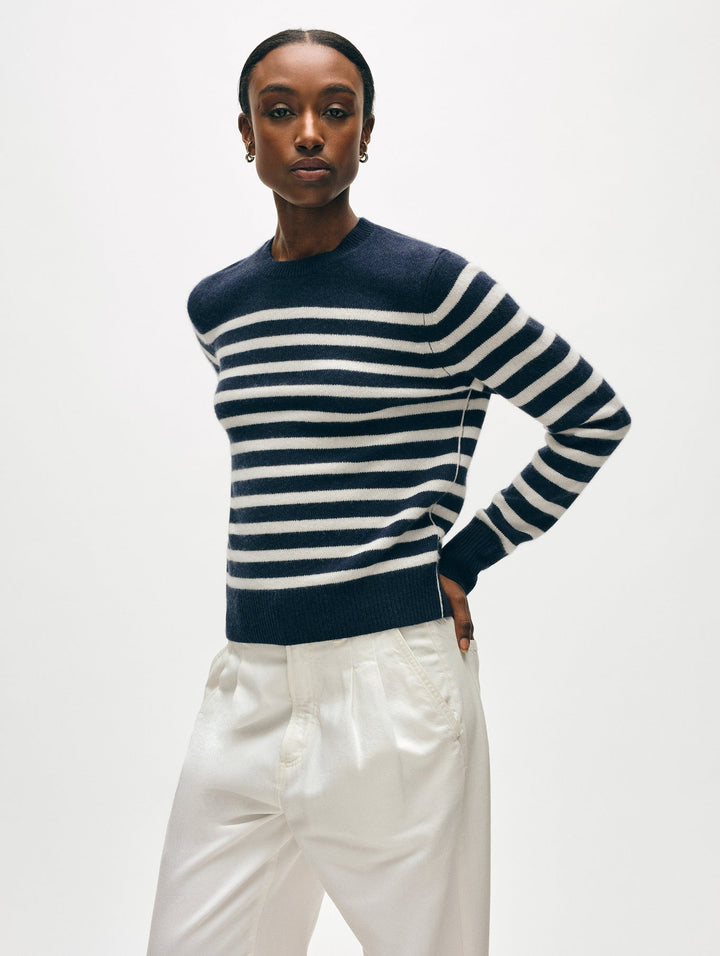 Cashmere Striped Crew Neck - Deep Navy / Soft White