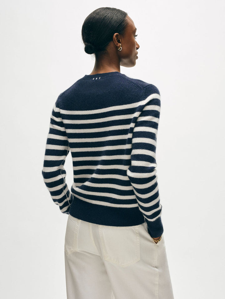 Cashmere Striped Crew Neck - Deep Navy / Soft White