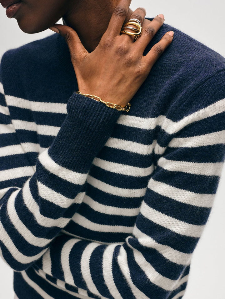 Cashmere Striped Crew Neck - Deep Navy / Soft White