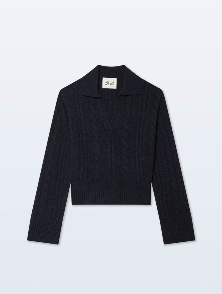 Cashmere Cable Longsleeve Polo - Deep Navy