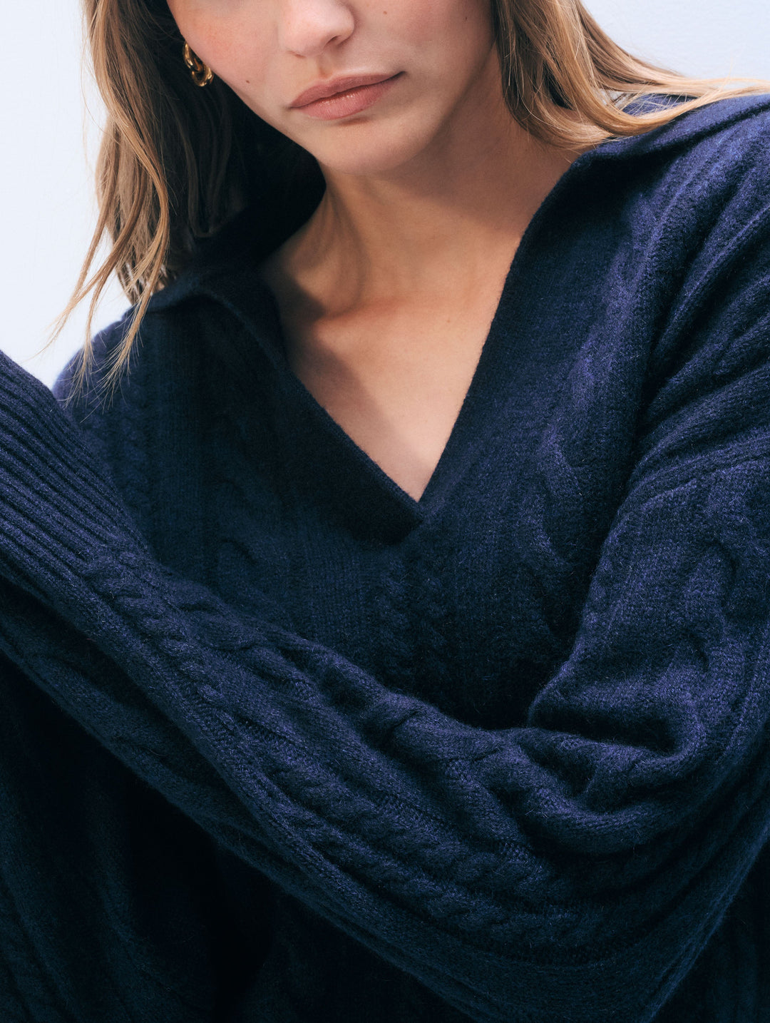 Cashmere Cable Longsleeve Polo - Deep Navy