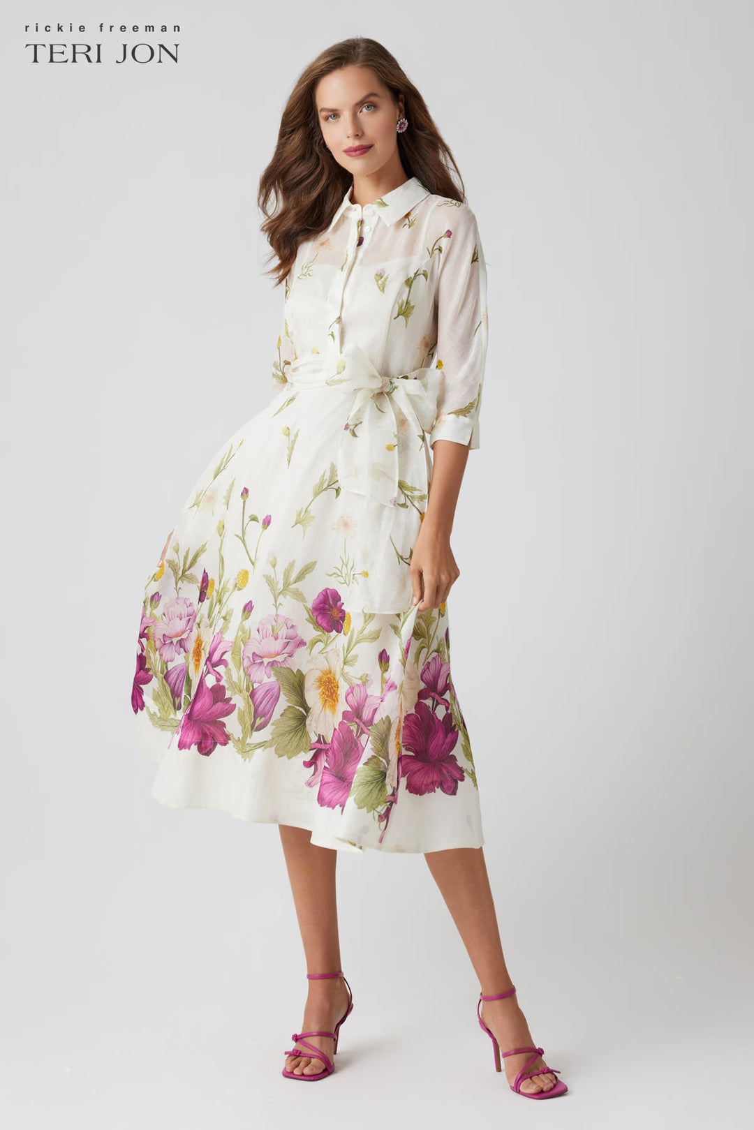 Silk-Linen Floral Border Print Shirtwaist Dress - Ivory Multi