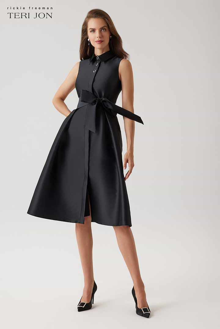 Mikado Sleeveless Shirt Dress - Black