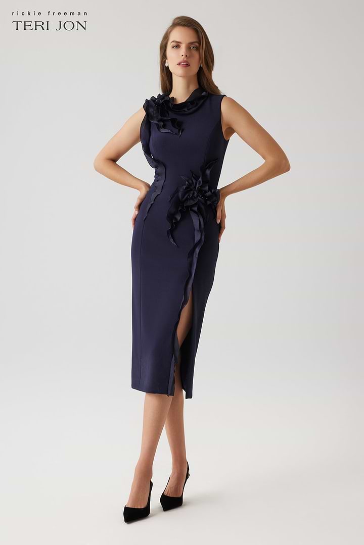 Stretch Crepe Beaded Organza Ruffle Flower Dress - Navy