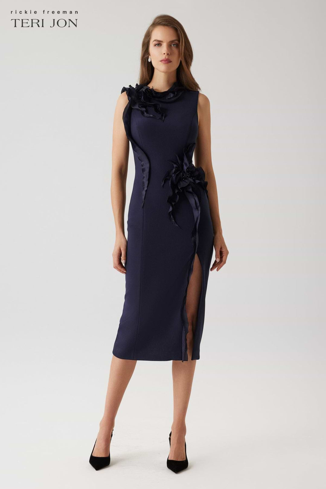 Stretch Crepe Beaded Organza Ruffle Flower Dress - Navy LIANA NYC Stretch Crepe Beaded Organza Ruffle Flower Dress - Navy LIANA NYC
