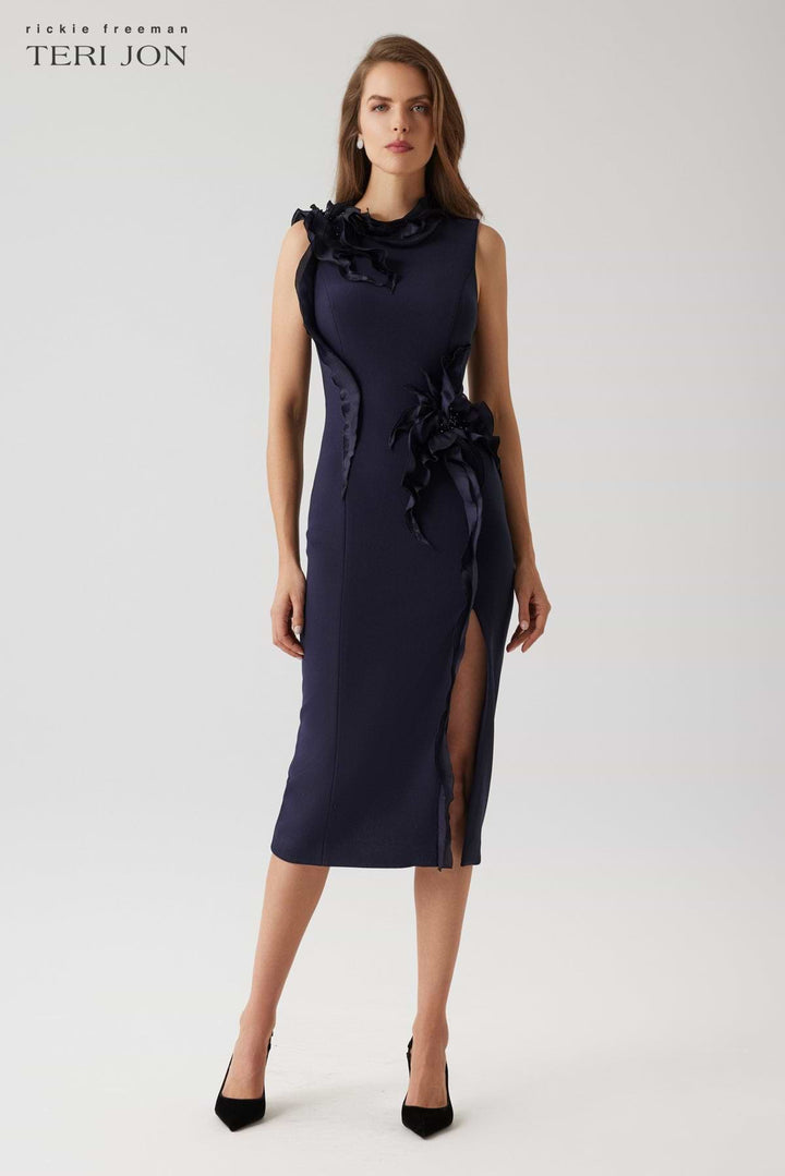 Stretch Crepe Beaded Organza Ruffle Flower Dress - Navy