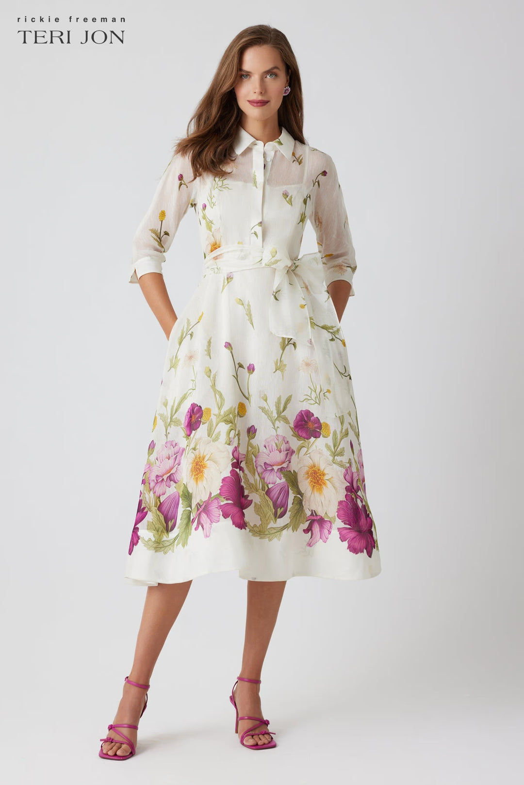Silk-Linen Floral Border Print Shirtwaist Dress - Ivory Multi