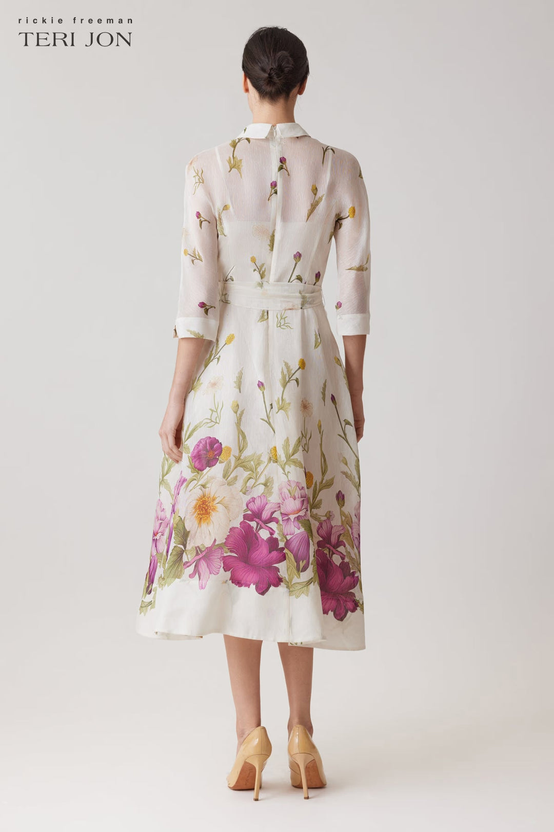Silk-Linen Floral Border Print Shirtwaist Dress - Ivory Multi
