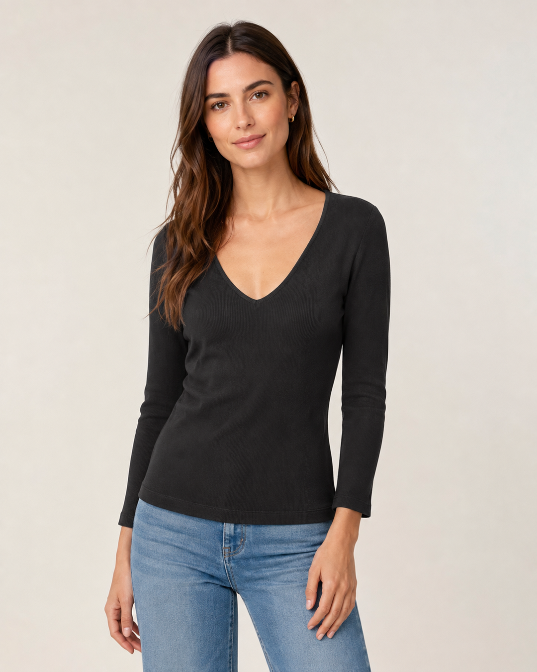 V-Neck Ribbed Elbow Sleeve - Black