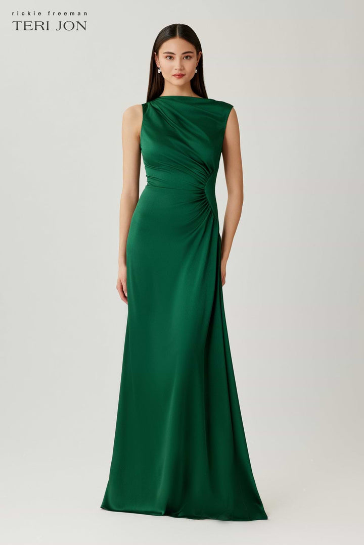 Hammer Satin Shirred Side Ruched Gown