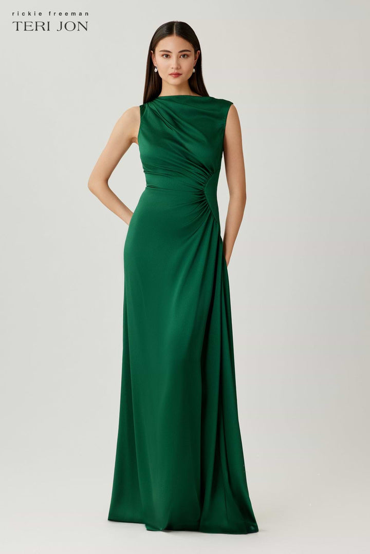 Hammer Satin Shirred Side Ruched Gown