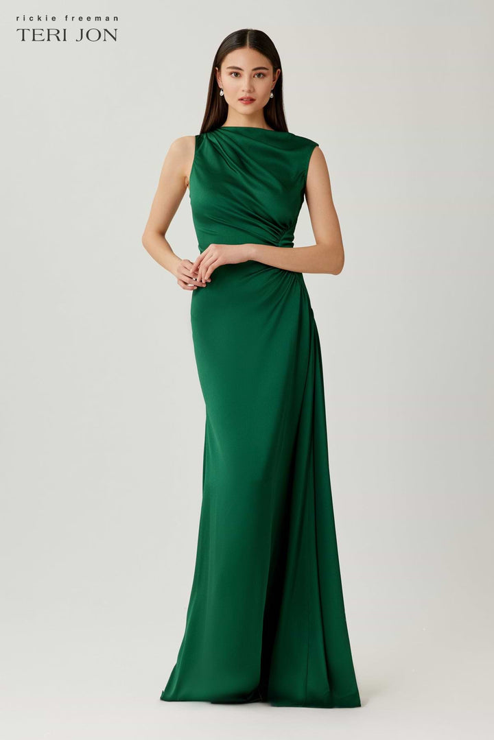 Hammer Satin Shirred Side Ruched Gown