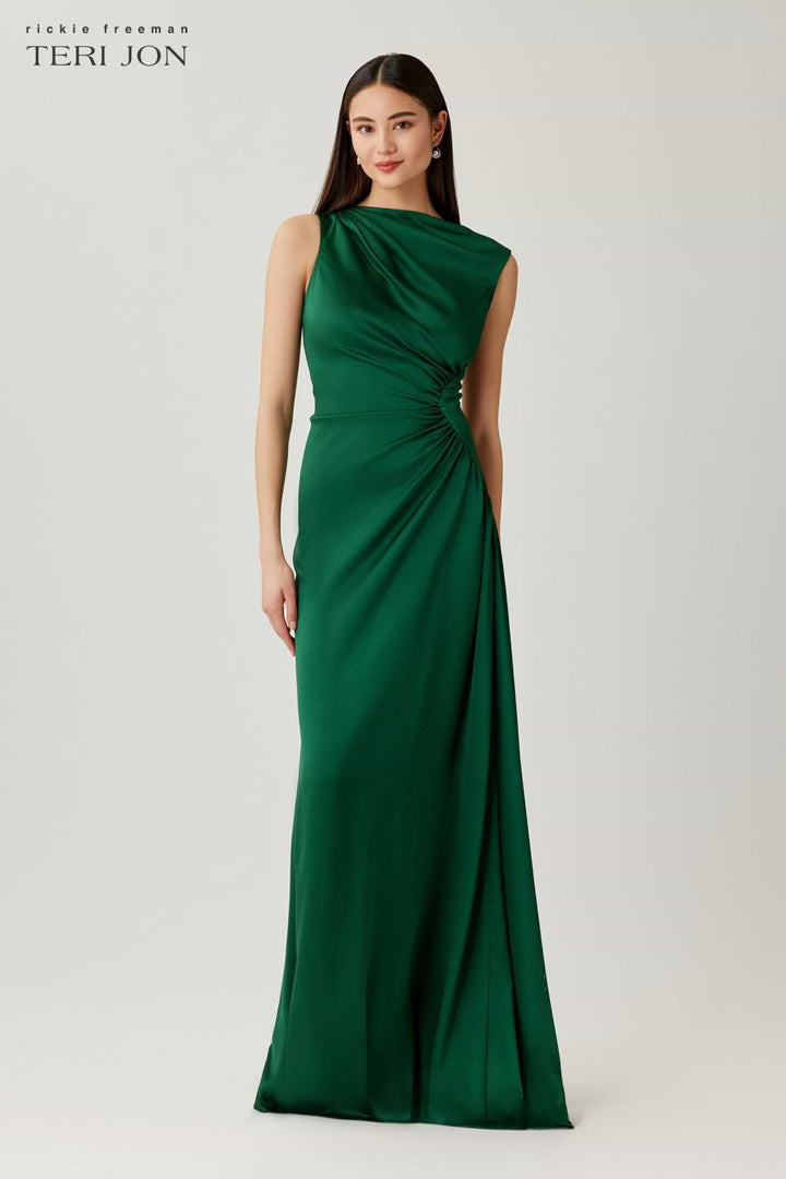 Hammer Satin Shirred Side Ruched Gown