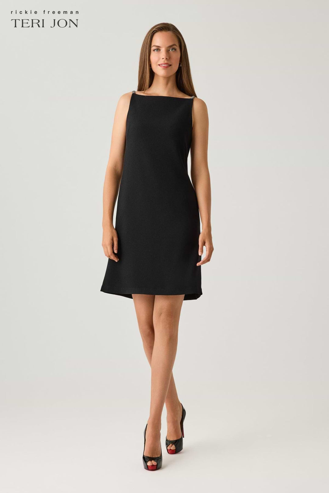Boat Neck Diamond Strap Shift Dress - Black