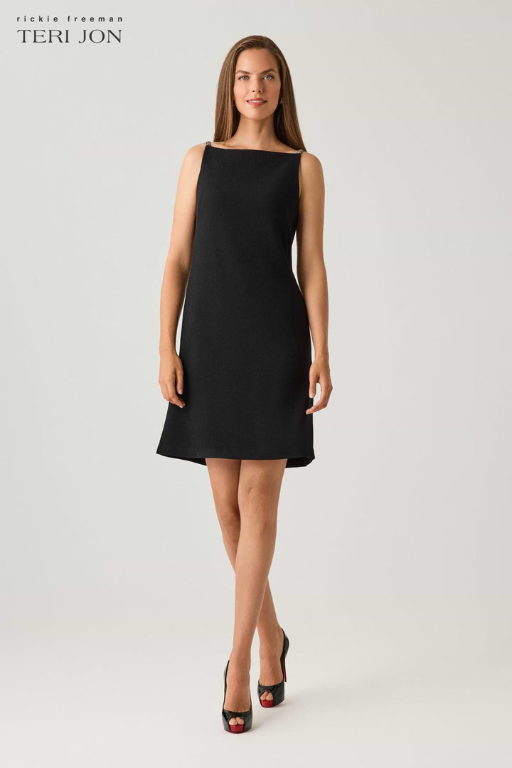 Boat Neck Diamond Strap Shift Dress - Black