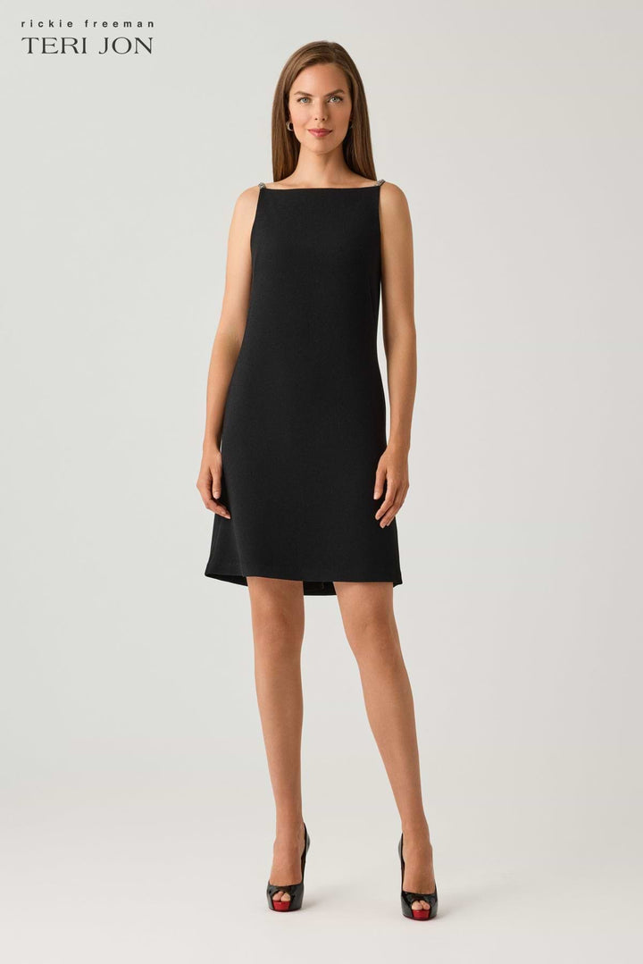 Boat Neck Diamond Strap Shift Dress - Black