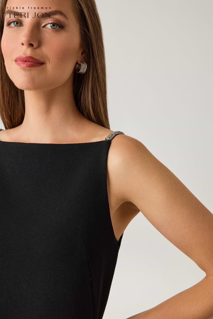 Boat Neck Diamond Strap Shift Dress - Black