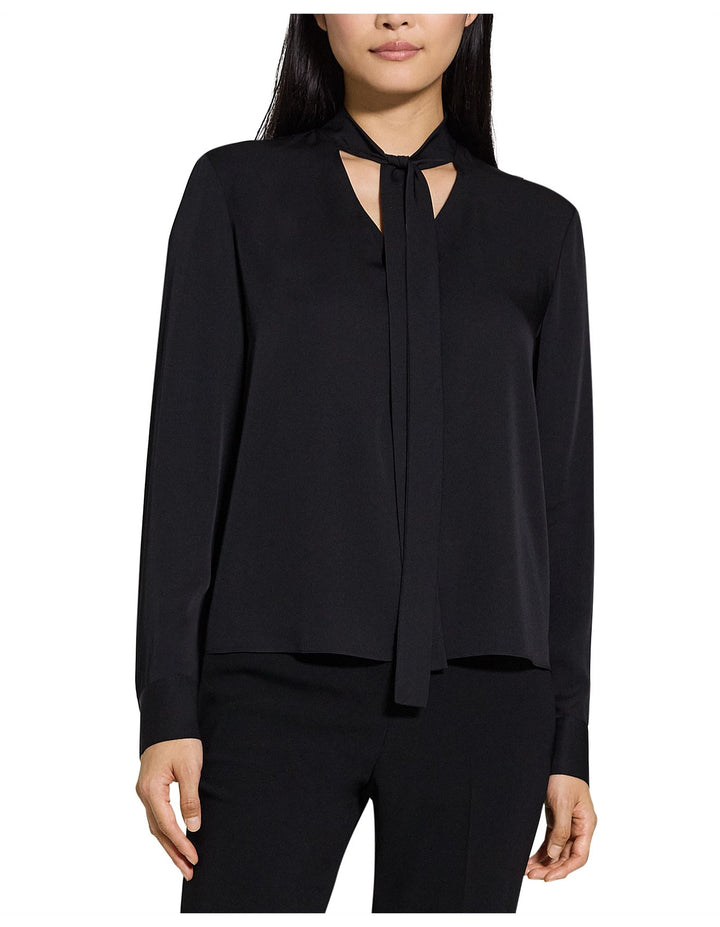 Silk V-Neck Tie Blouse - Black