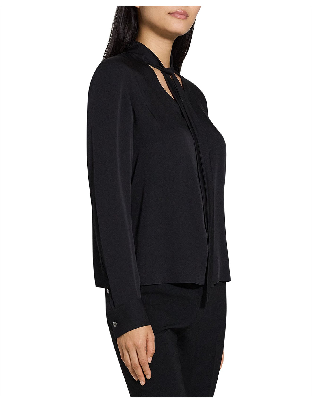 Silk V-Neck Tie Blouse - Black