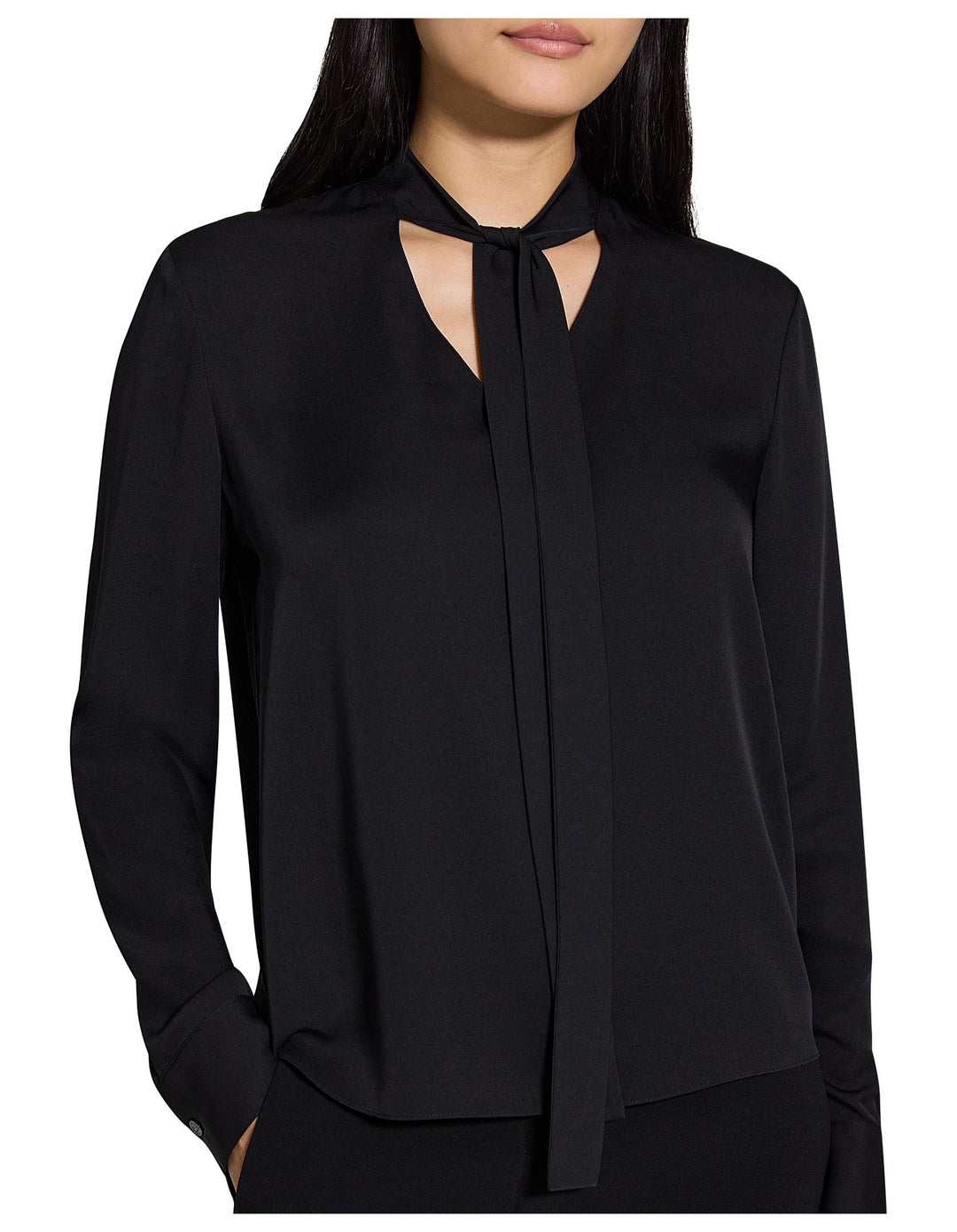 Silk V-Neck Tie Blouse - Black