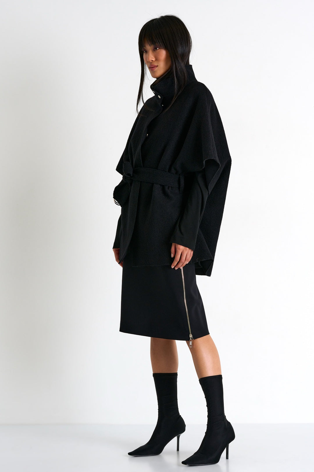 Cape-Style Wool Coat in Black