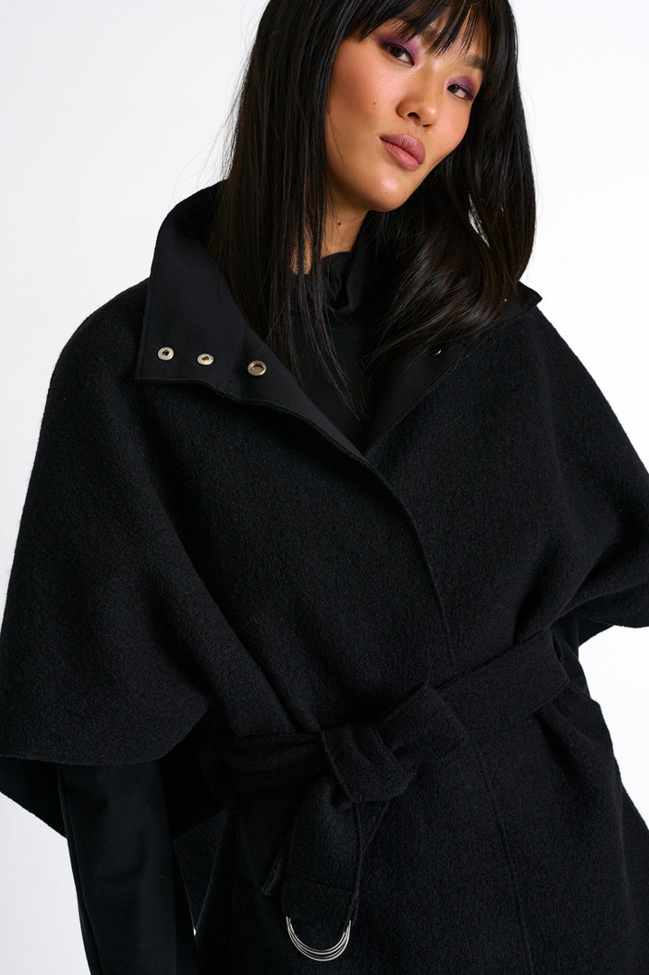 Cape-Style Wool Coat in Black