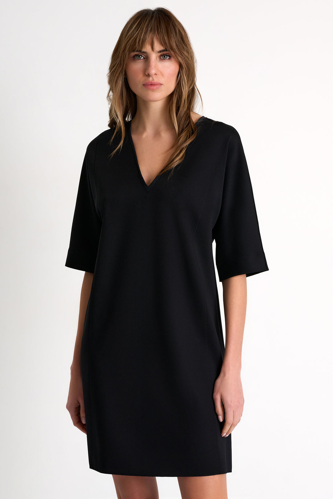 Short Sleeve V-Neck Dress - Black