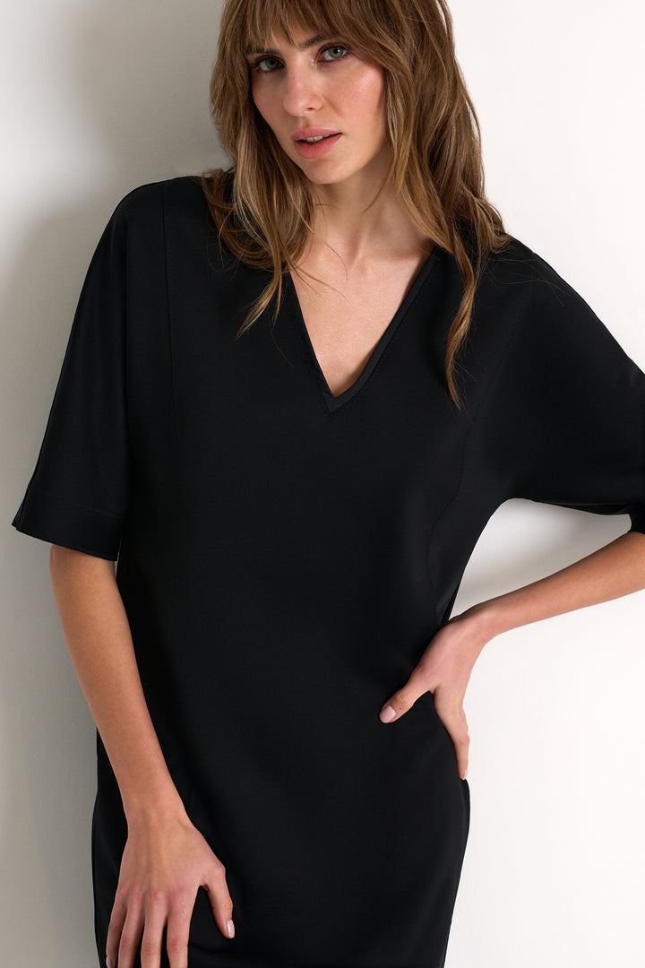 Short Sleeve V-Neck Dress - Black