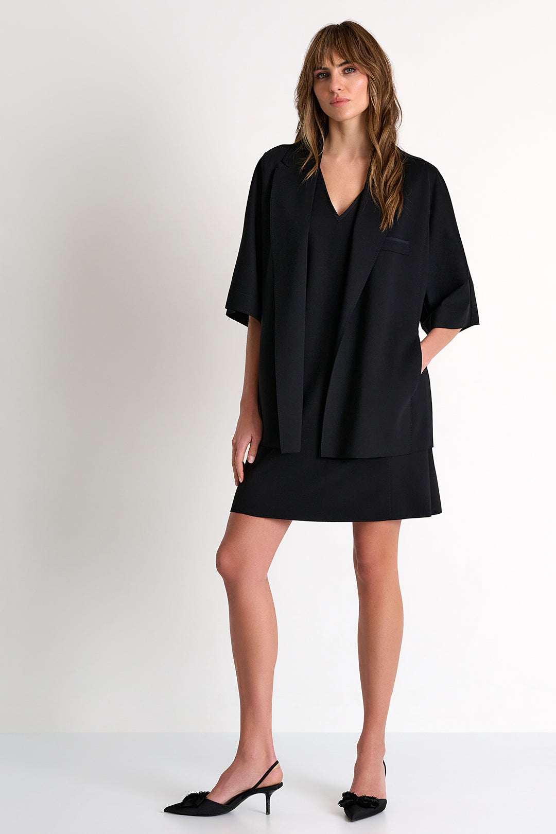 Short Sleeve V-Neck Dress - Black