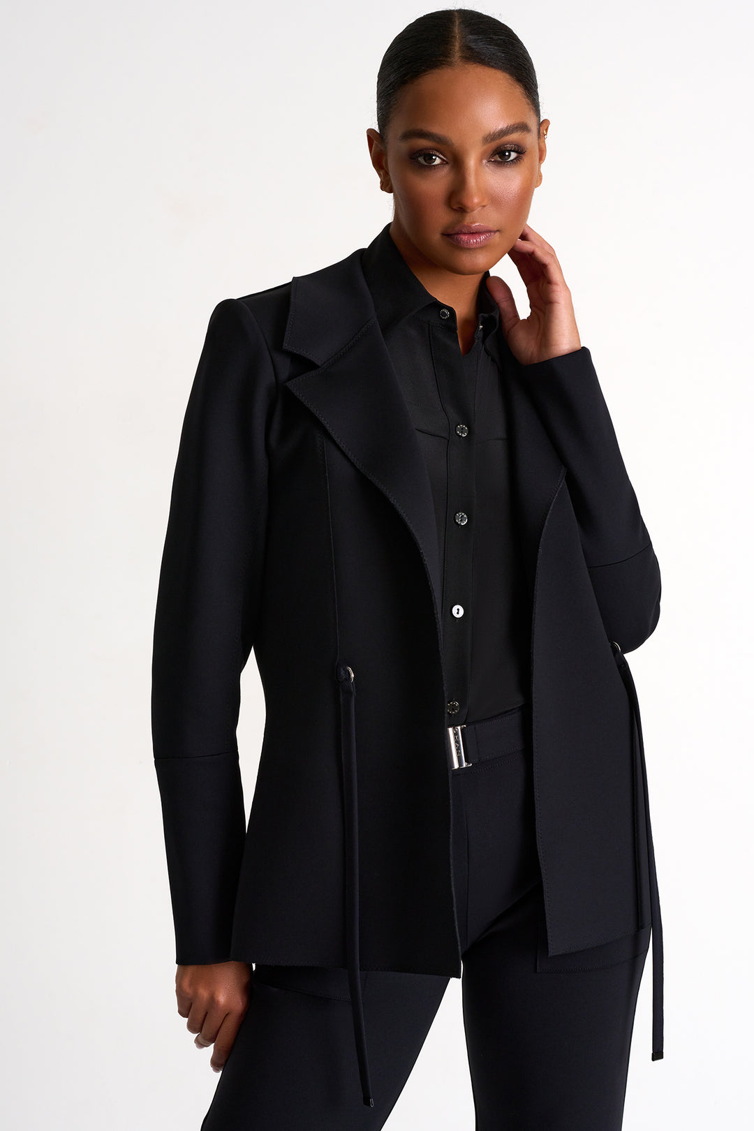 Tie Waist Structured Blazer - Black