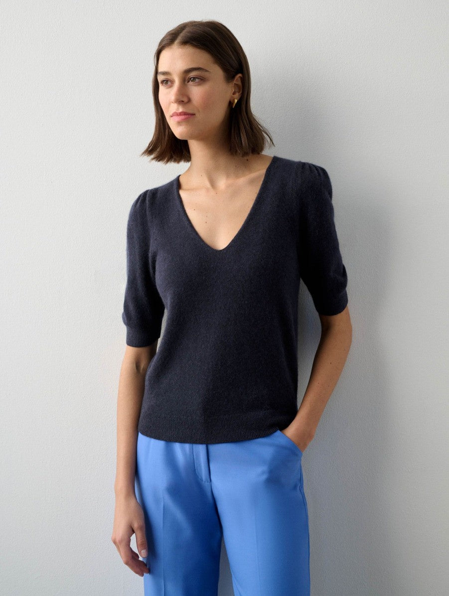 Cashmere Puff Sleeve Vneck in Deep Navy