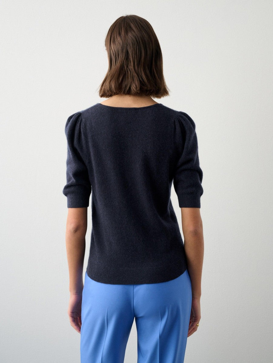Cashmere Puff Sleeve Vneck in Deep Navy