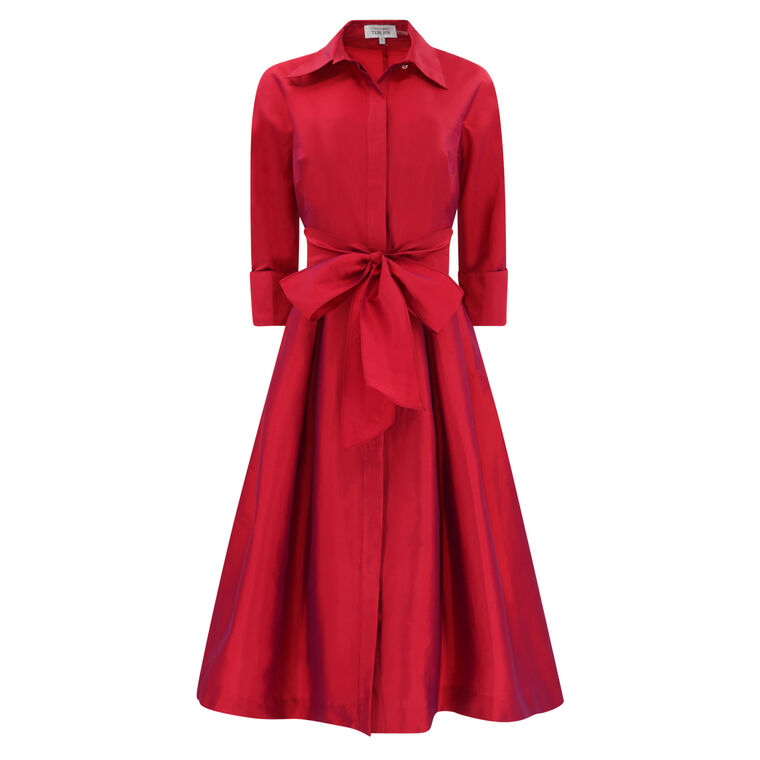 3/4 Sleeve Belted Taffeta Shirt Dress