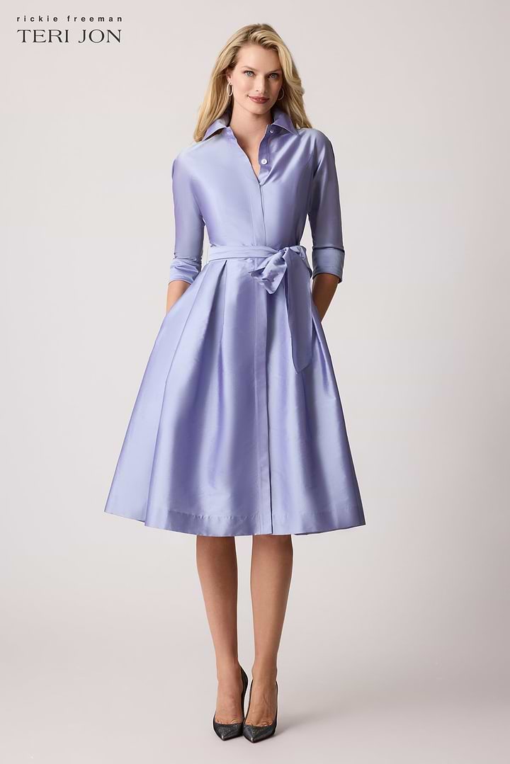 3/4 Sleeve Belted Taffeta Shirt Dress