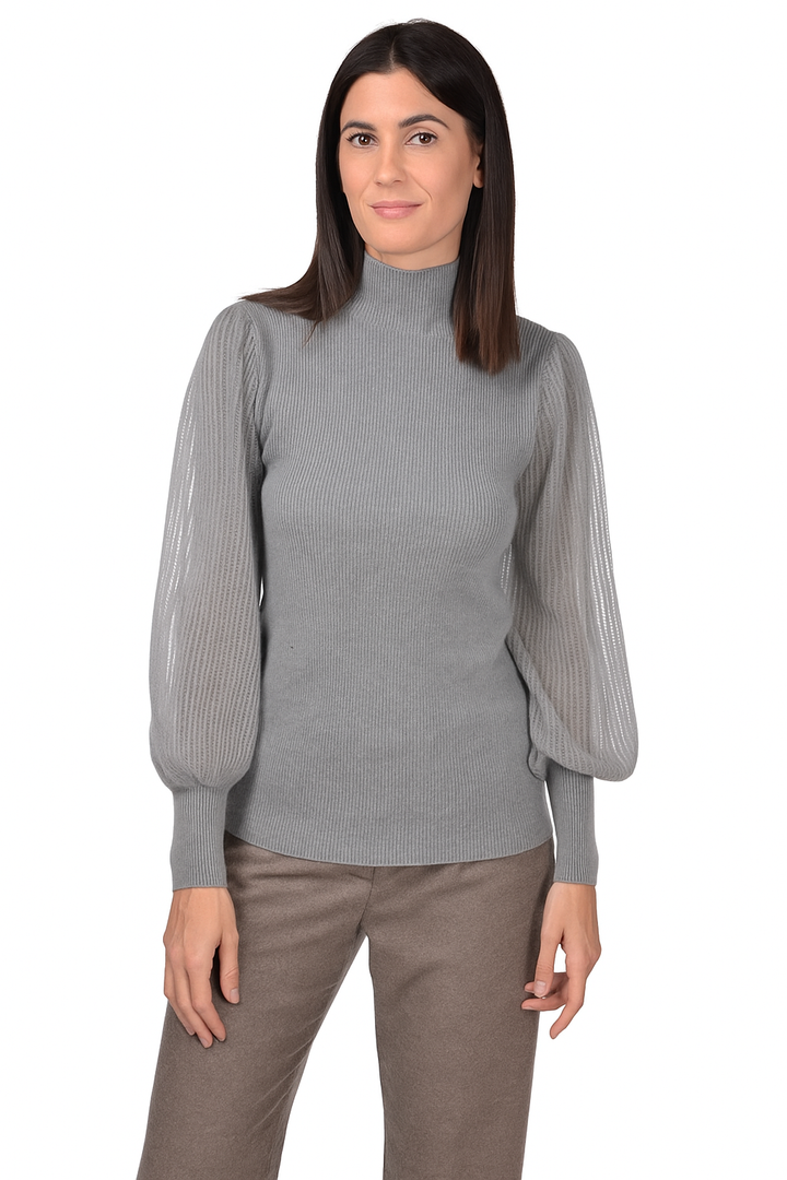 Turtleneck Puff Sleeves Pullover - Grigio