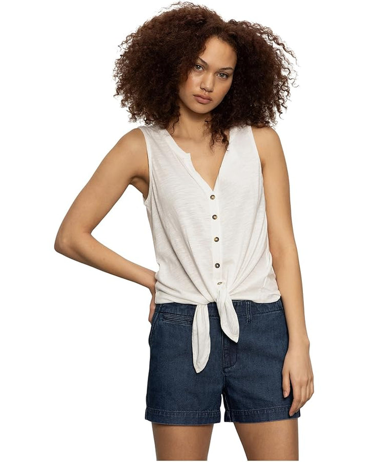 Notched Button Front Tee - White
