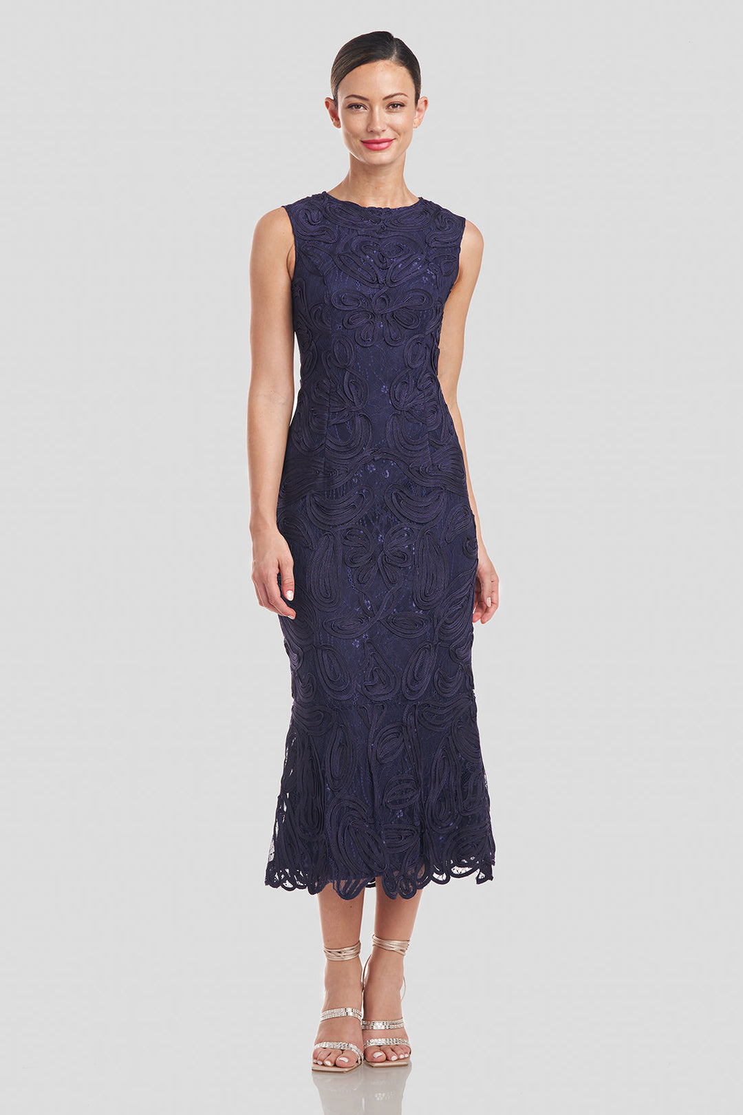 Meli Soutache Tea Length Dress - Navy