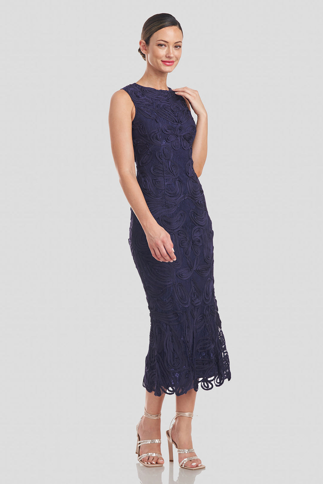 Meli Soutache Tea Length Dress - Navy