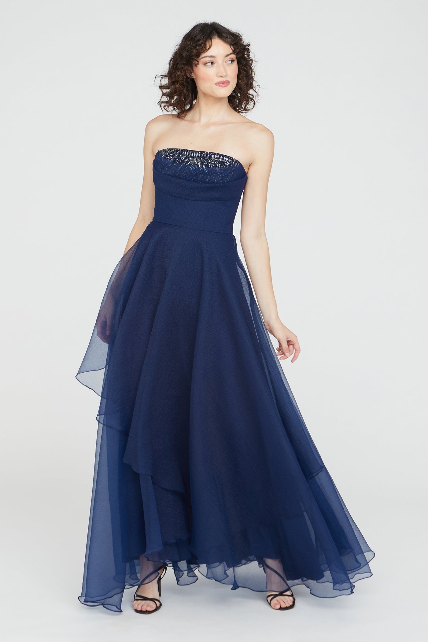Aubrey Asymmetric Organza Gown - Navy – LIANA NYC