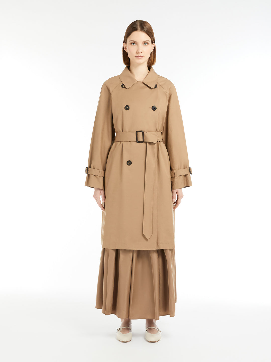 Water-repellent twill midi trench coat