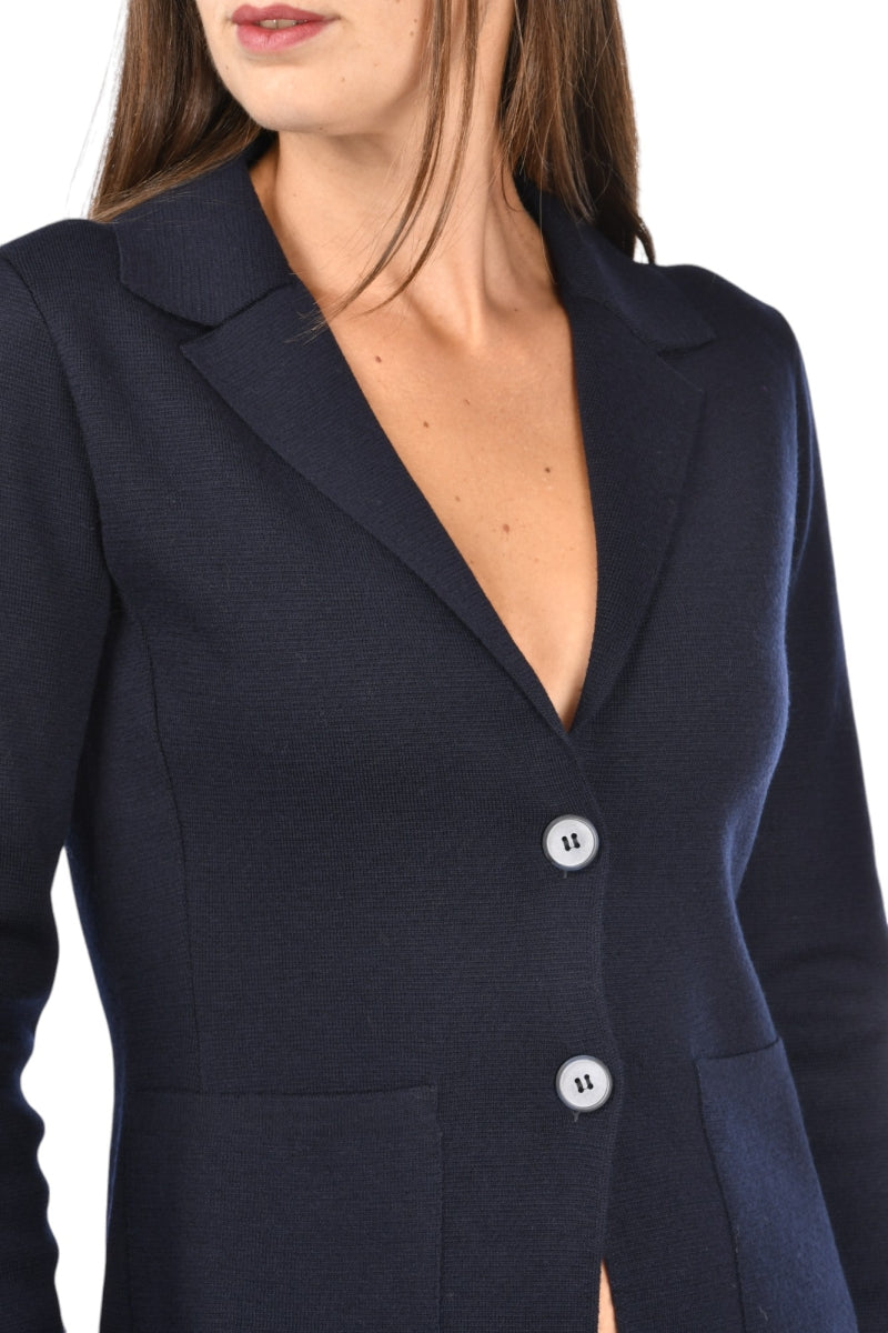 Knit Blazer with Tailored Lapel and Patch Pockets - Navy