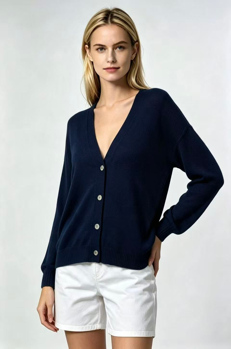 V Neck Cardigan - Navy