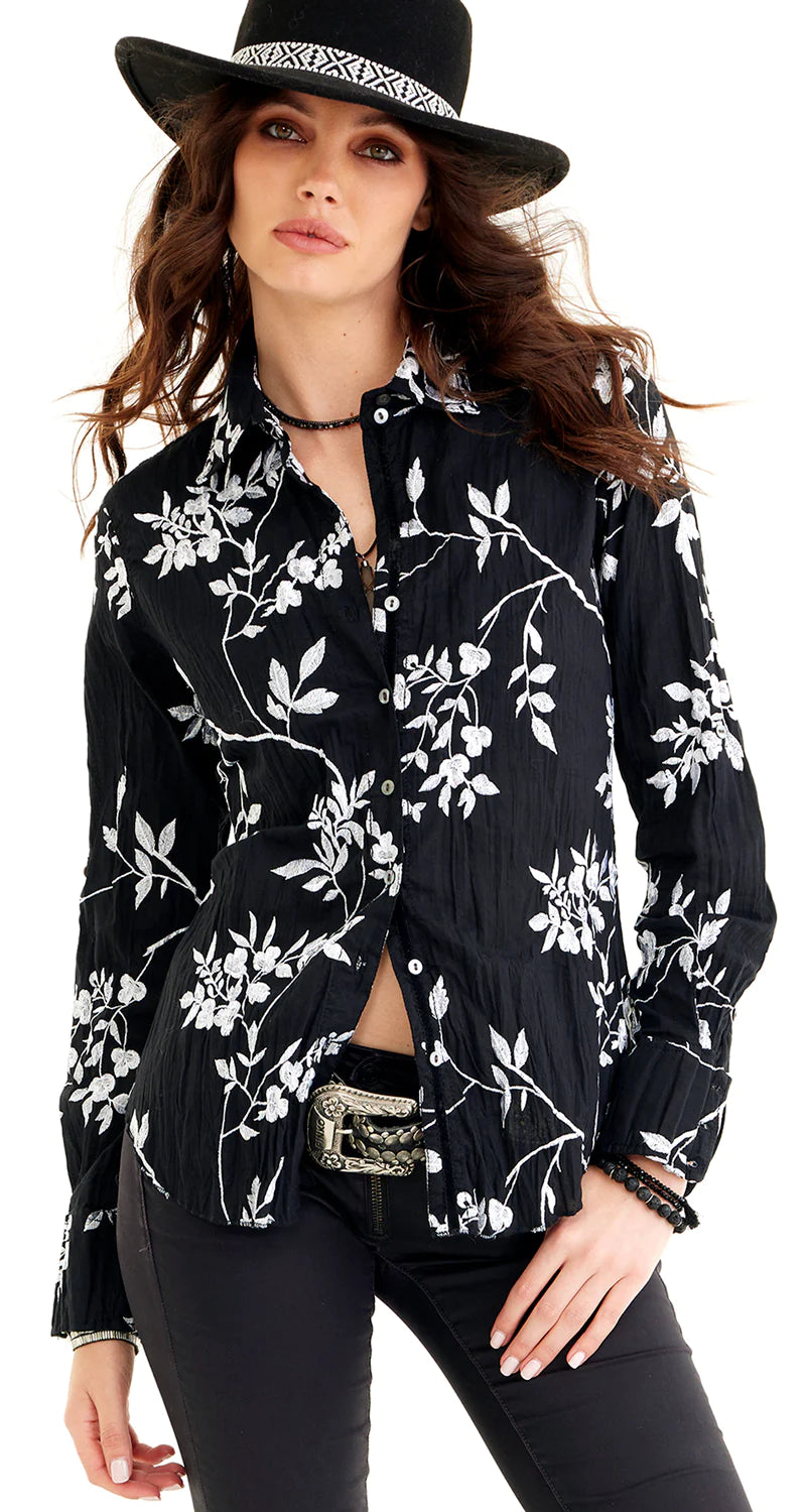 WISTERIA BLACK BUTTON DOWN EMBROIDERED SHIRT