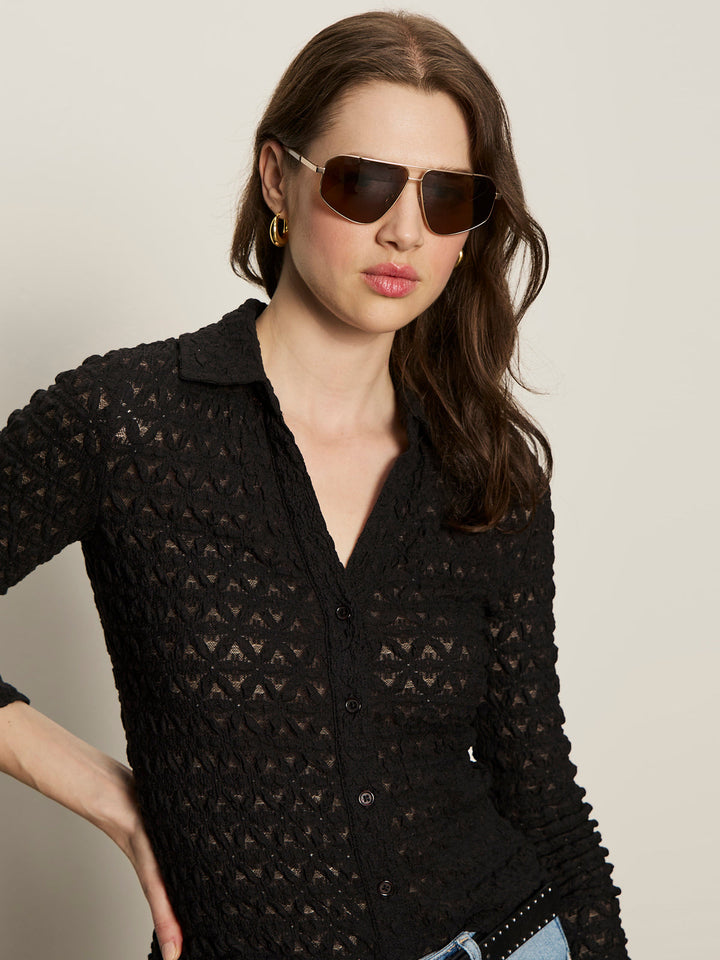 Dreamgirl Lace Button Up Top - Black