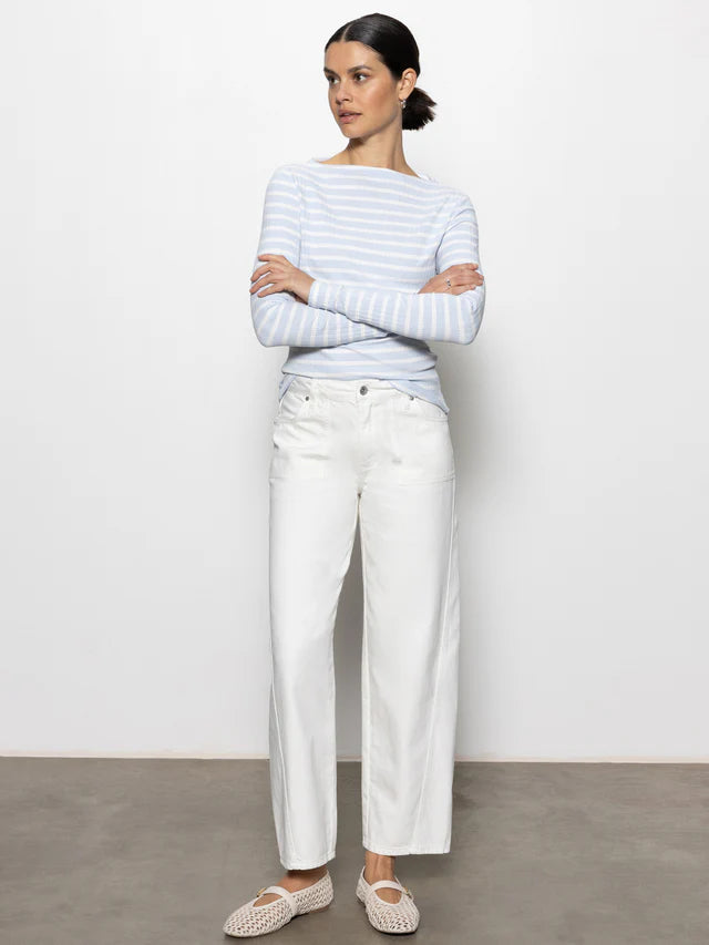 Long Sleeve Boatneck T-Shirt - Sky Blue / White Stripe