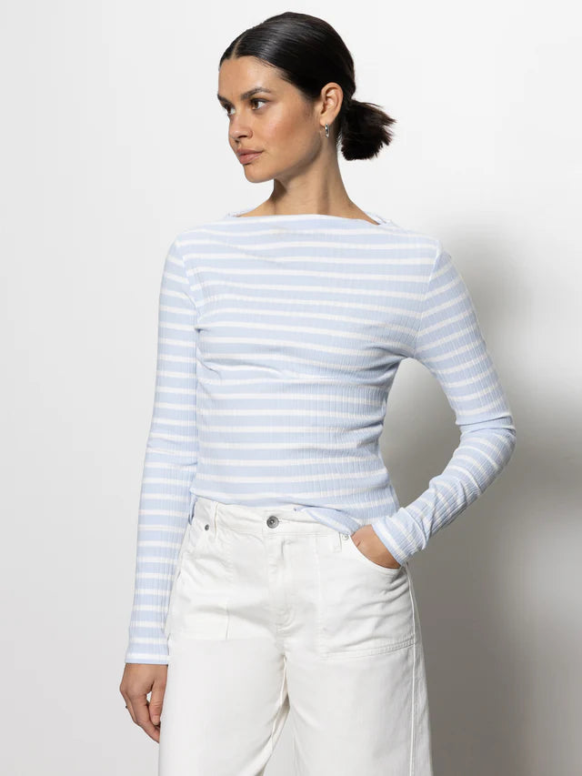 Long Sleeve Boatneck T-Shirt - Sky Blue / White Stripe