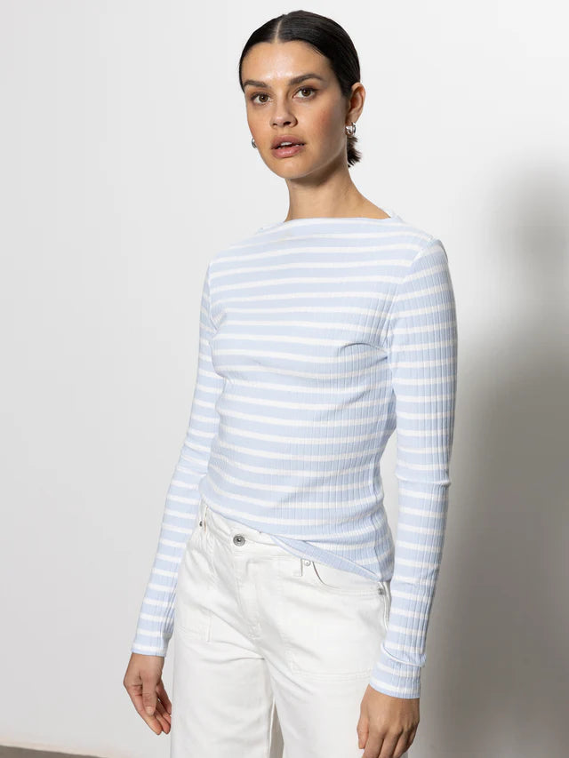 Long Sleeve Boatneck T-Shirt - Sky Blue / White Stripe