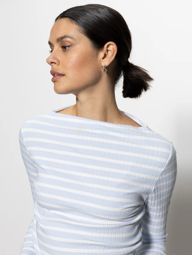 Long Sleeve Boatneck T-Shirt - Sky Blue / White Stripe